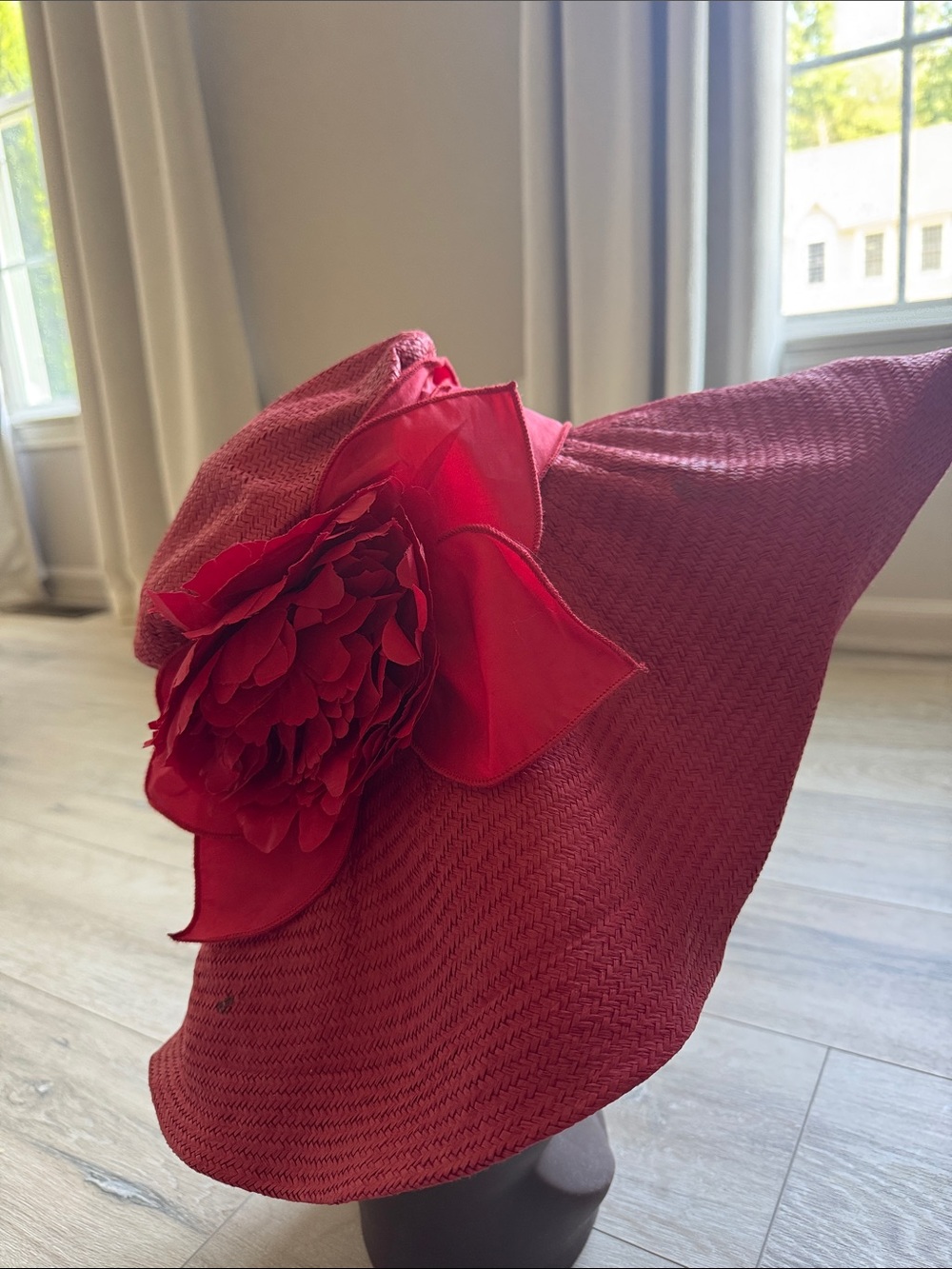 Red Wide-Brim Floral Accent Sun Hat